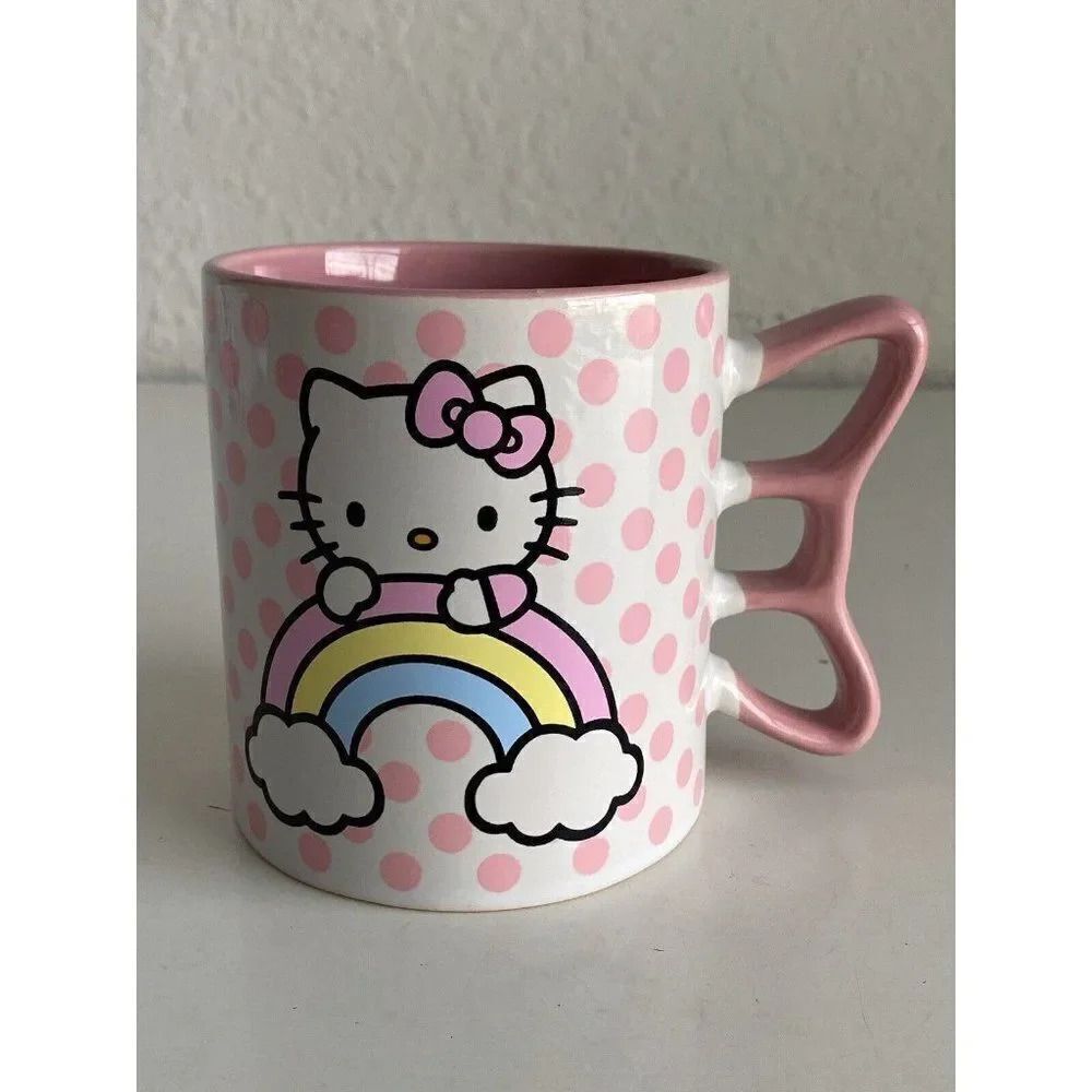 Sanrio Hello Kitty Rainbow Polka Dots Shaped Handle Ceramic Mug 20 Oz Pink NEW